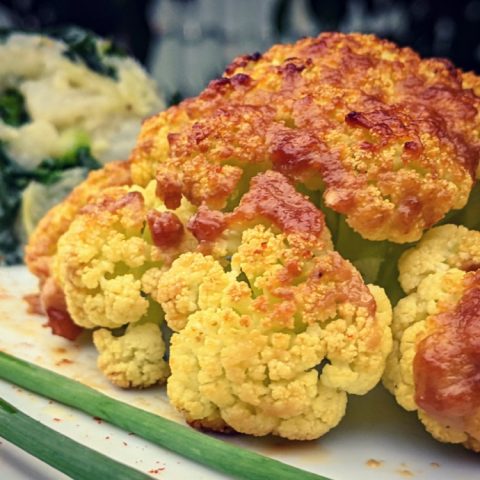 Miso Roasted Cauliflower with Kohlrabi-Kale Mash