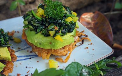 Vegan sweet potato hash browns with spinach and avocado