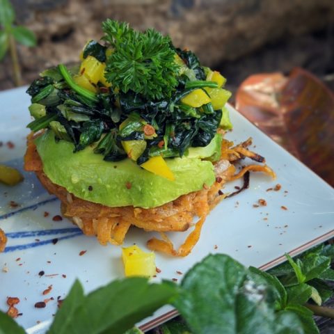 Vegan Sweet Potato Hash Browns With Spinach And Avocado