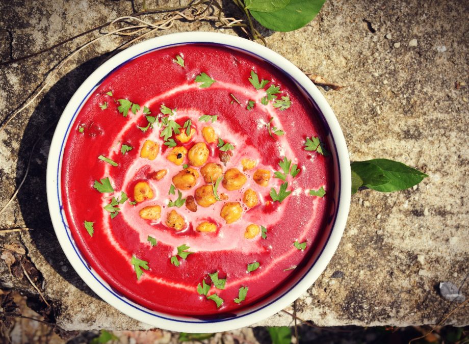 Red Beet Soup With Chickpea Croutons