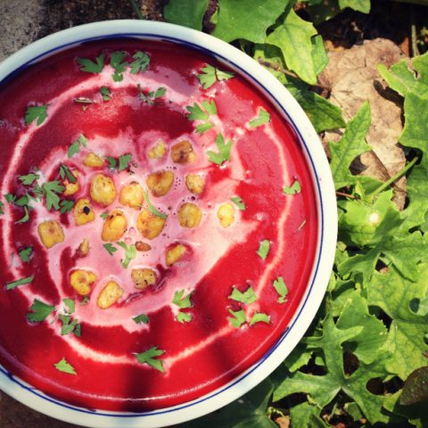 Red Beet Soup With Chickpea Croutons