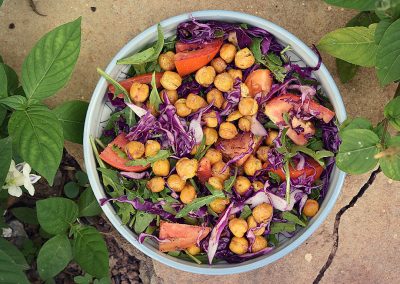 Arugula Salad with Roasted Chickpeas and Homemade Peanut Butter Sesame Dressing