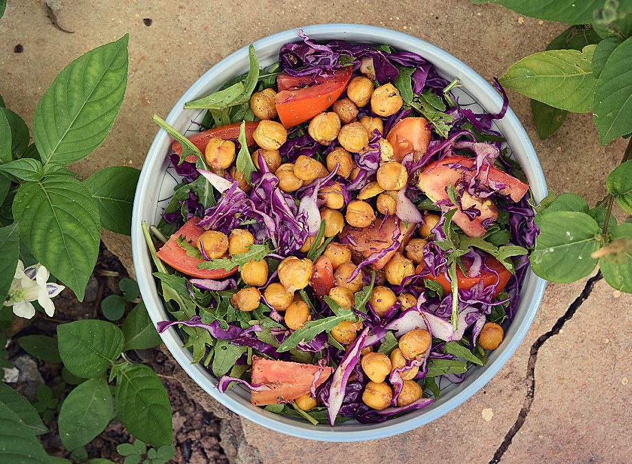 Arugula Salad with Roasted Chickpeas and Homemade Peanut Butter Sesame Dressing