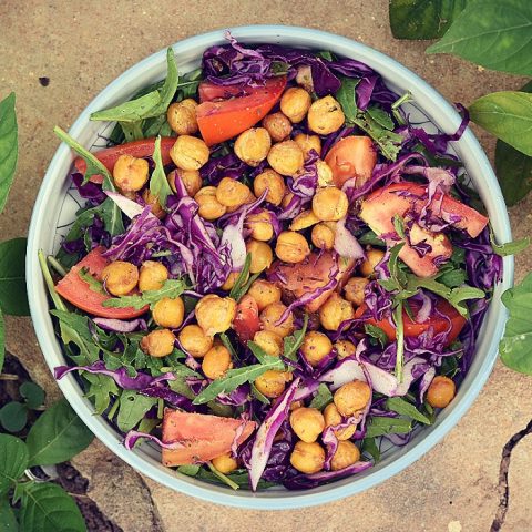 Arugula Rainbow Salad with Roasted Chickpeas and Homemade Peanut Butter Sesame Dressing